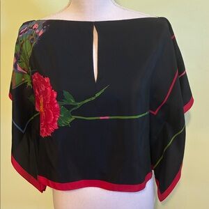 Draped black top with butterfly and rose, one size